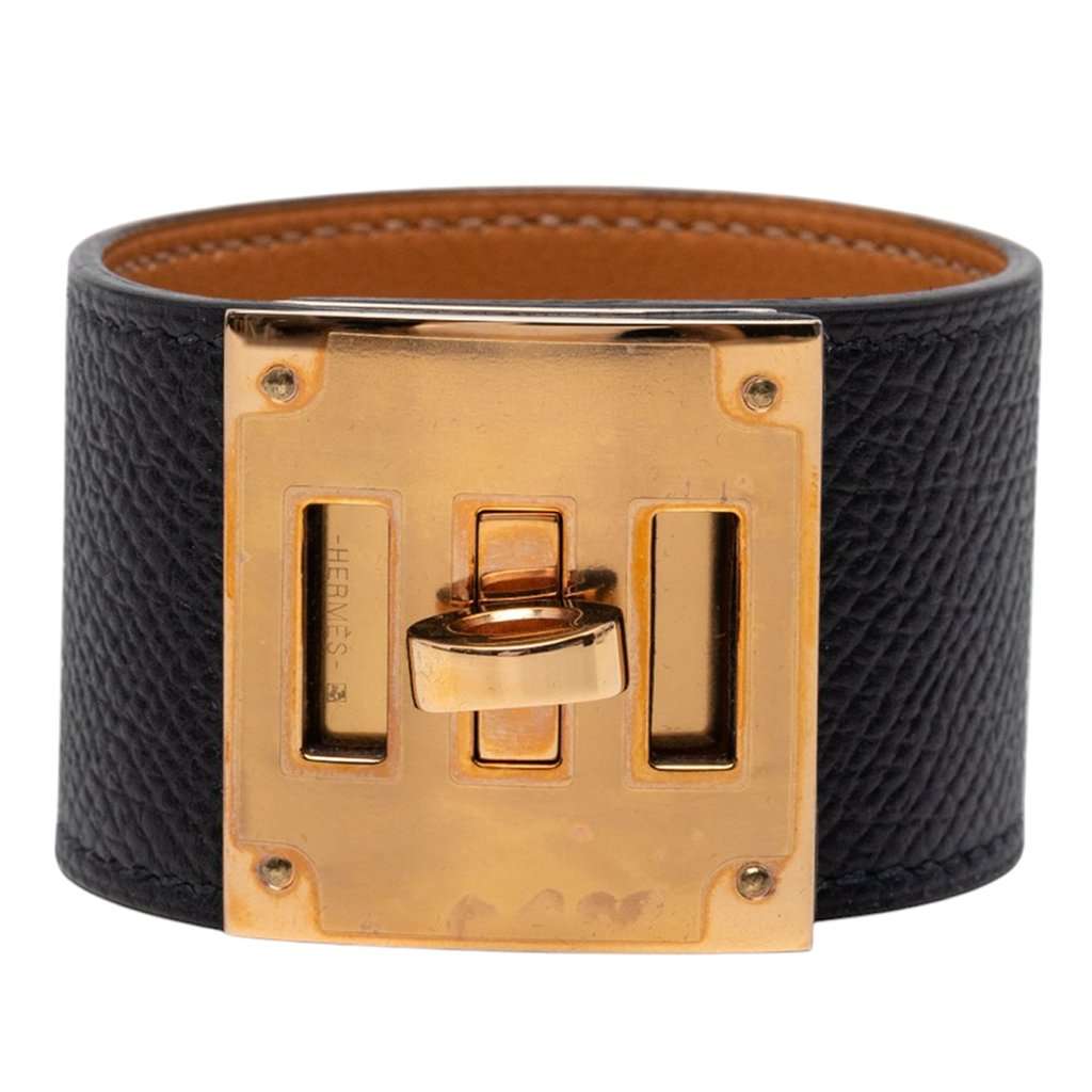 Hermès Epsom and Gold Plated Kelly Extreme Dog Bracelet Black Leather Very good condition - Front View