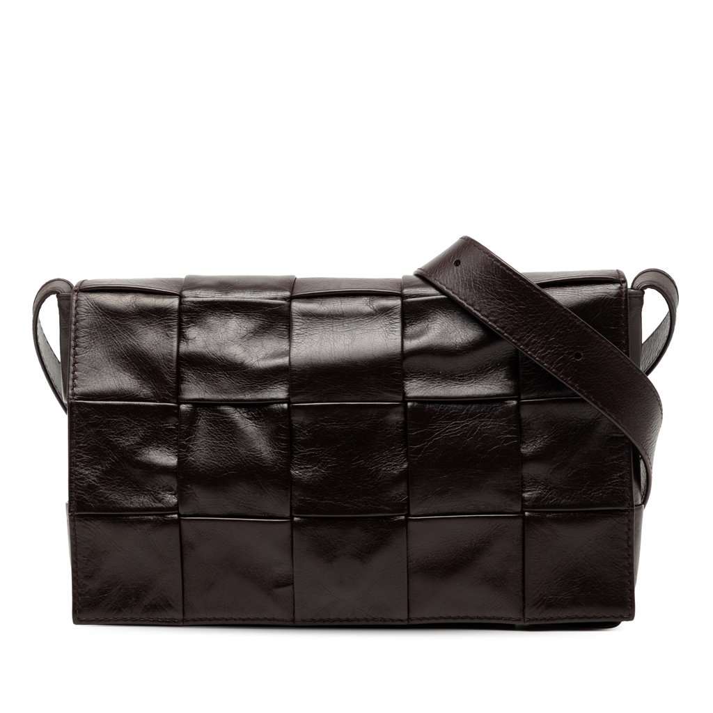 Bottega Veneta Paper Calfskin Intrecciato Cassette Crossbody Brown Leather Very good - Front View