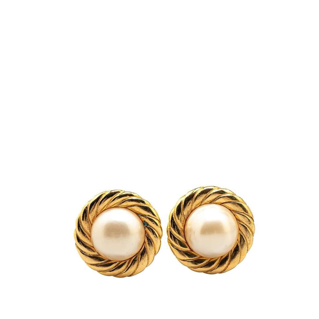 Chanel Gold Plated Round Faux Pearl Clip on Earrings Gold Metal Good - Front View