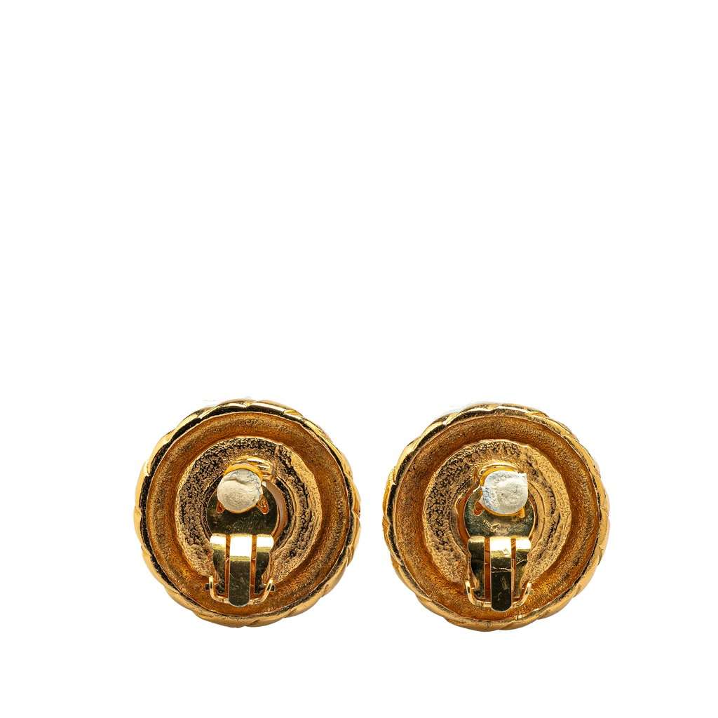 Chanel Gold Plated Round Faux Pearl Clip on Earrings Gold Metal Good - Back View