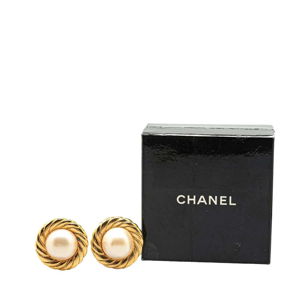 Chanel Gold Plated Round Faux Pearl Clip on Earrings Gold Metal Good - Model View