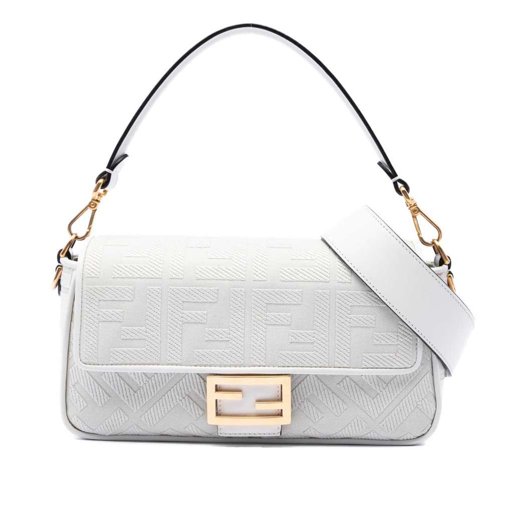Fendi Zucca Embroidered Canvas Baguette Satchel White Very good condition - Front View