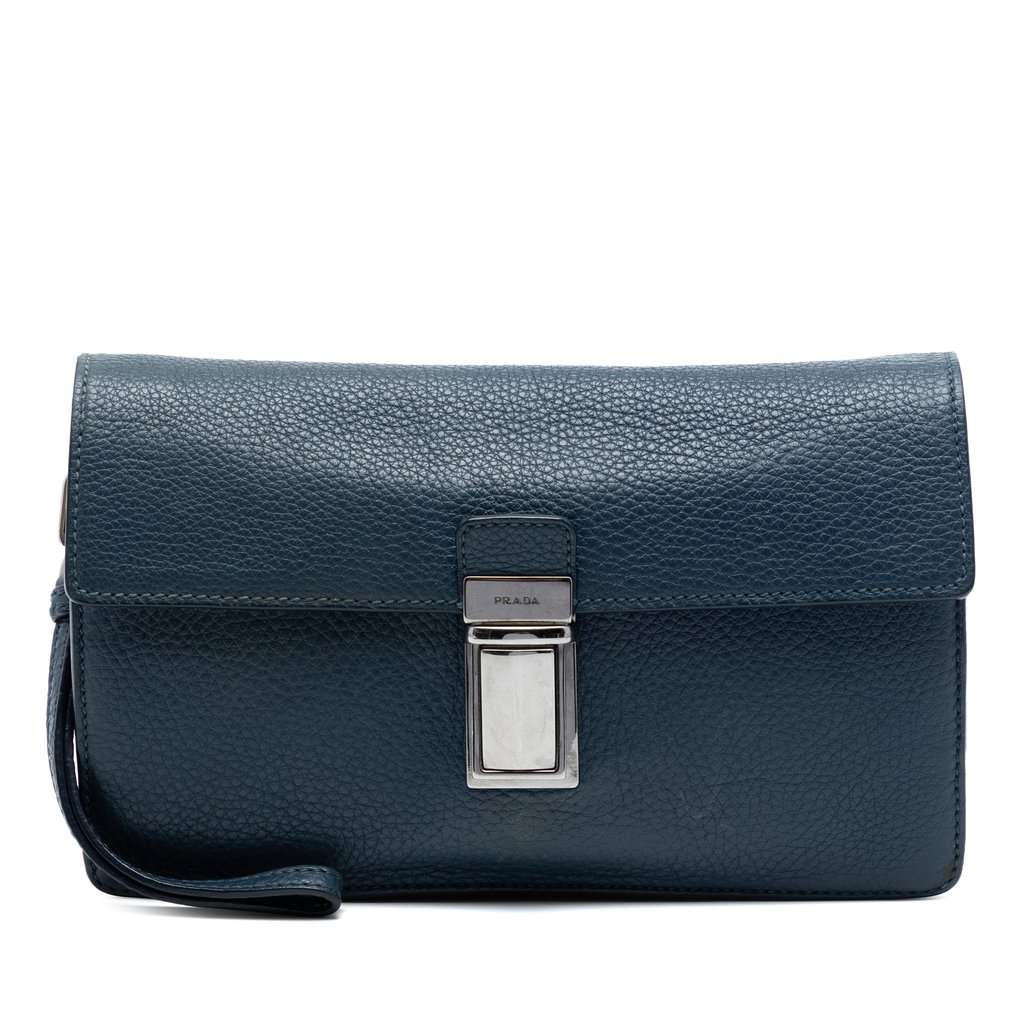 Prada Vitello Daino Clutch Blue Leather Very good condition - Front View
