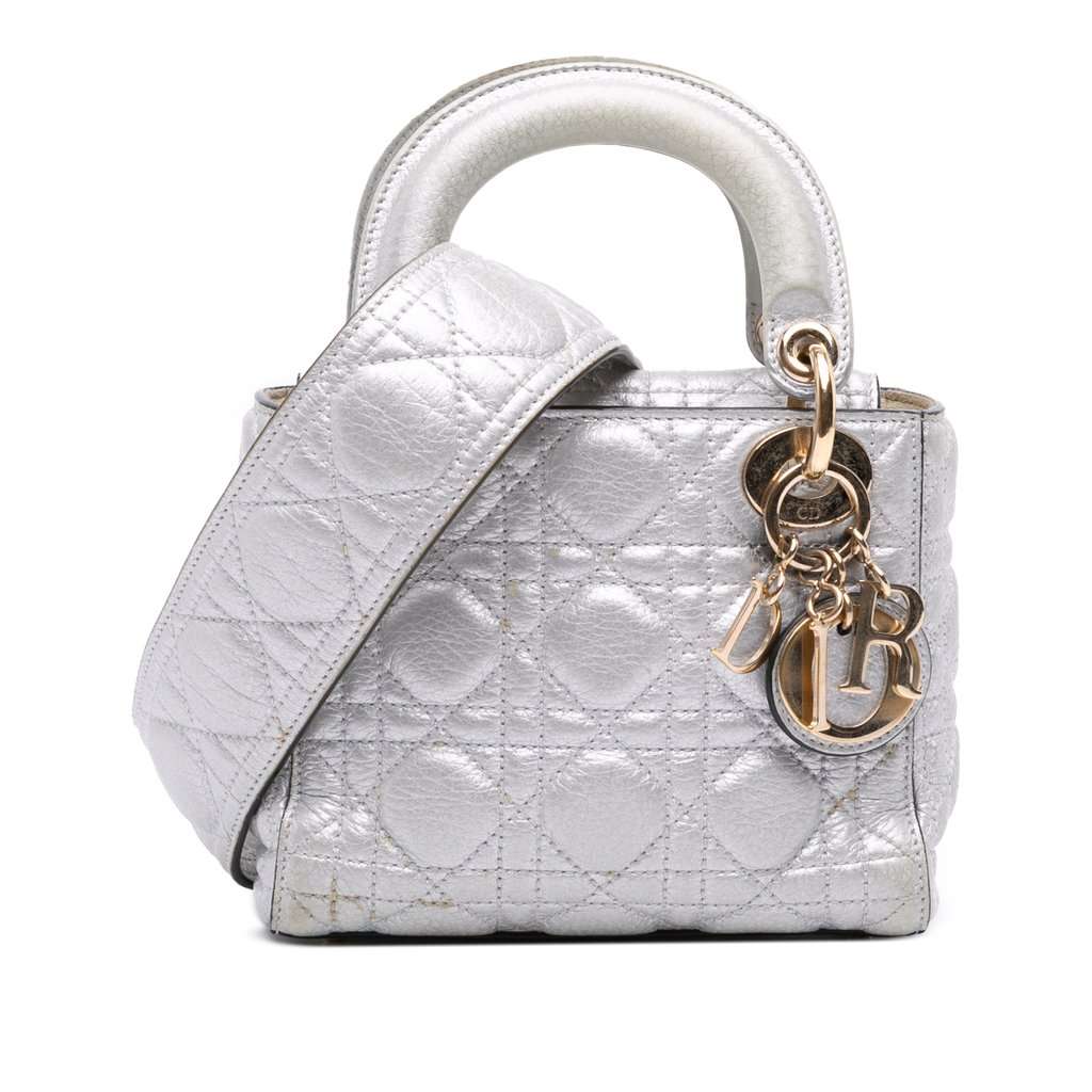 Dior Mini Metallic Grained Calfskin Cannage Lady Dior Silver Leather Very good - Front View