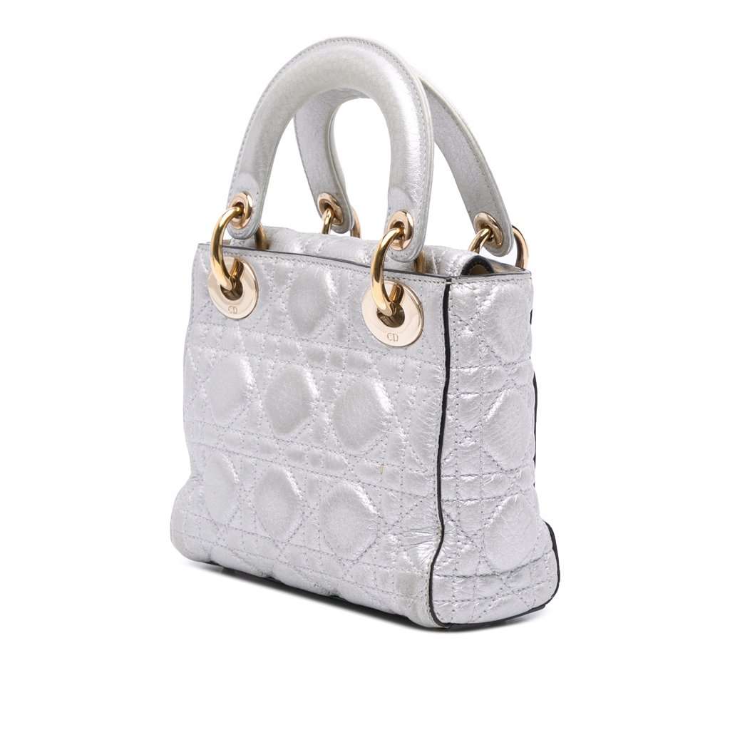 Dior Mini Metallic Grained Calfskin Cannage Lady Dior Silver Leather Very good - Back View