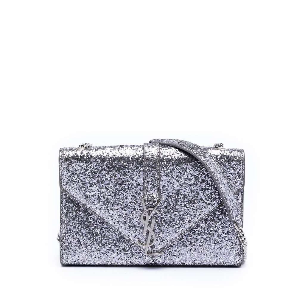 Saint Laurent Glitter Galactica Leather Monogram Envelope Chain Wallet Silver Leather Very good condition - Front View
