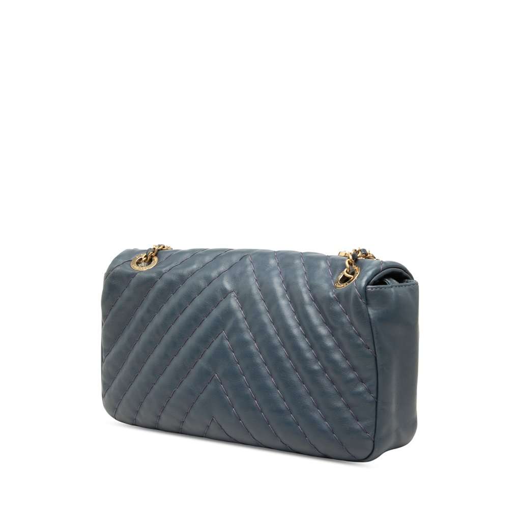 Chanel Medium Chevron Calfskin Medallion Single Flap Blue Leather Good - Back View