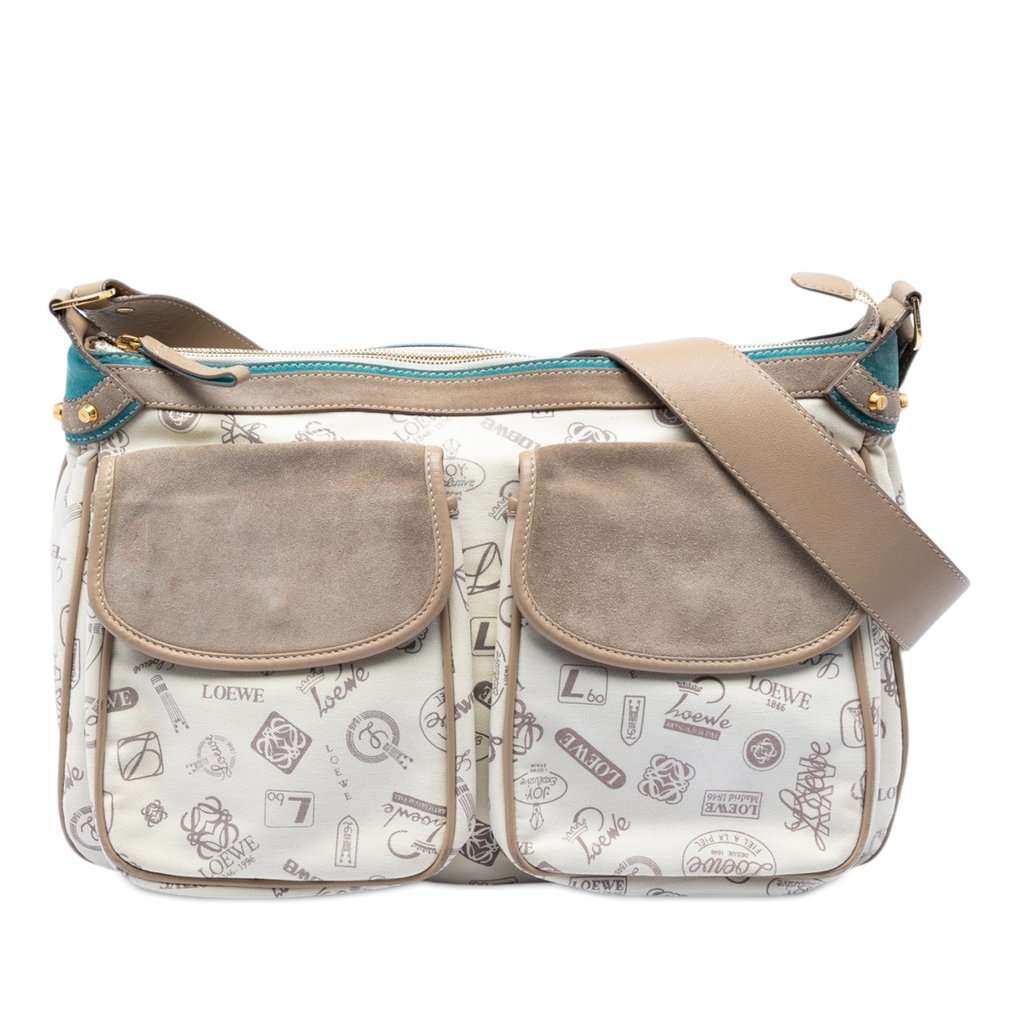 Loewe 160th Anniversary Suede Trimmed Canvas Crossbody Beige Very good - Front View