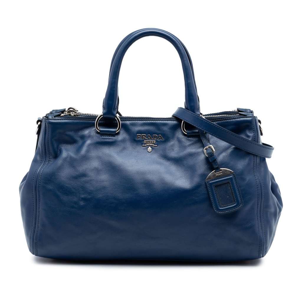 Prada Soft Calf Double Zip Convertible Tote Blue Leather Very good condition - Front View