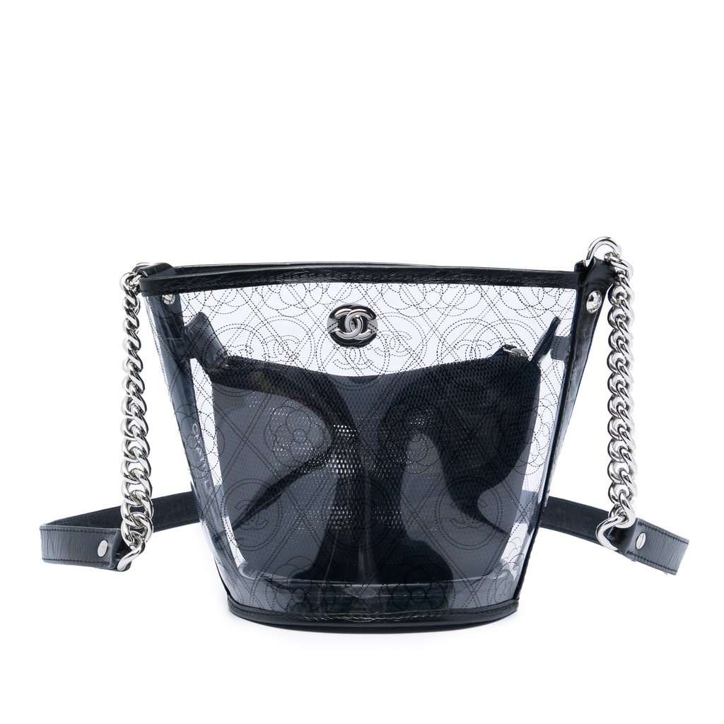 Chanel Small PVC and Crumpled Calfskin Camellia Coco Bucket Bag Black Plastic Very good condition - Front View