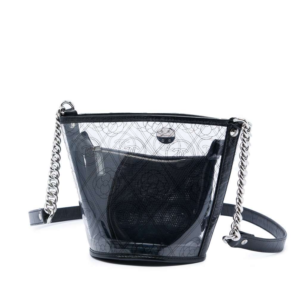 Chanel Small PVC and Crumpled Calfskin Camellia Coco Bucket Bag Black Plastic Very good condition - Back View