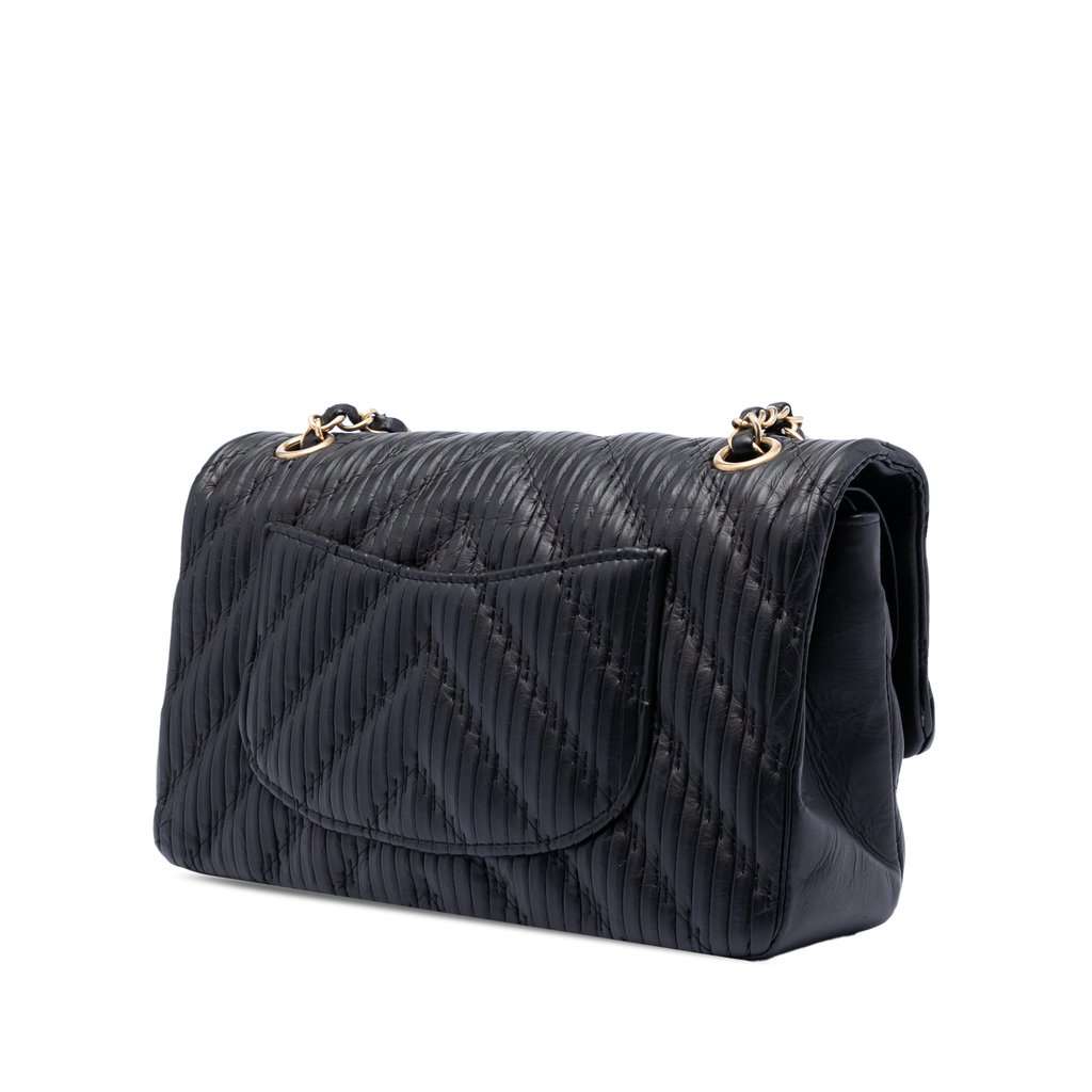 Chanel Medium Classic Chevron Calfskin Pleated Double Flap Black Leather Very good condition - Back View