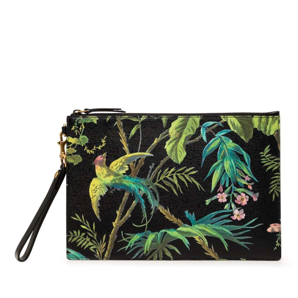 Gucci Calfskin Tropical Print Clutch Black Leather Very good condition - Front View
