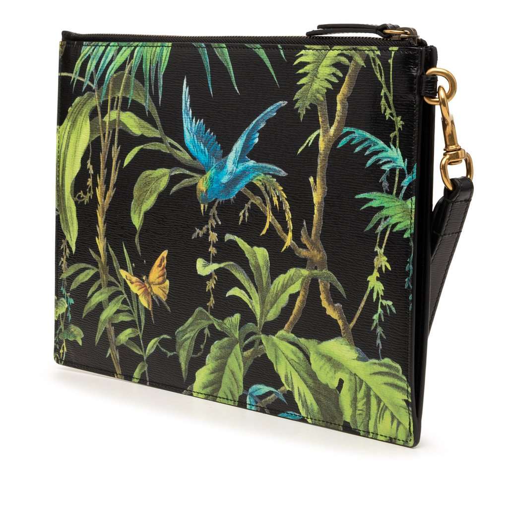 Gucci Calfskin Tropical Print Clutch Black Leather Very good condition - Back View