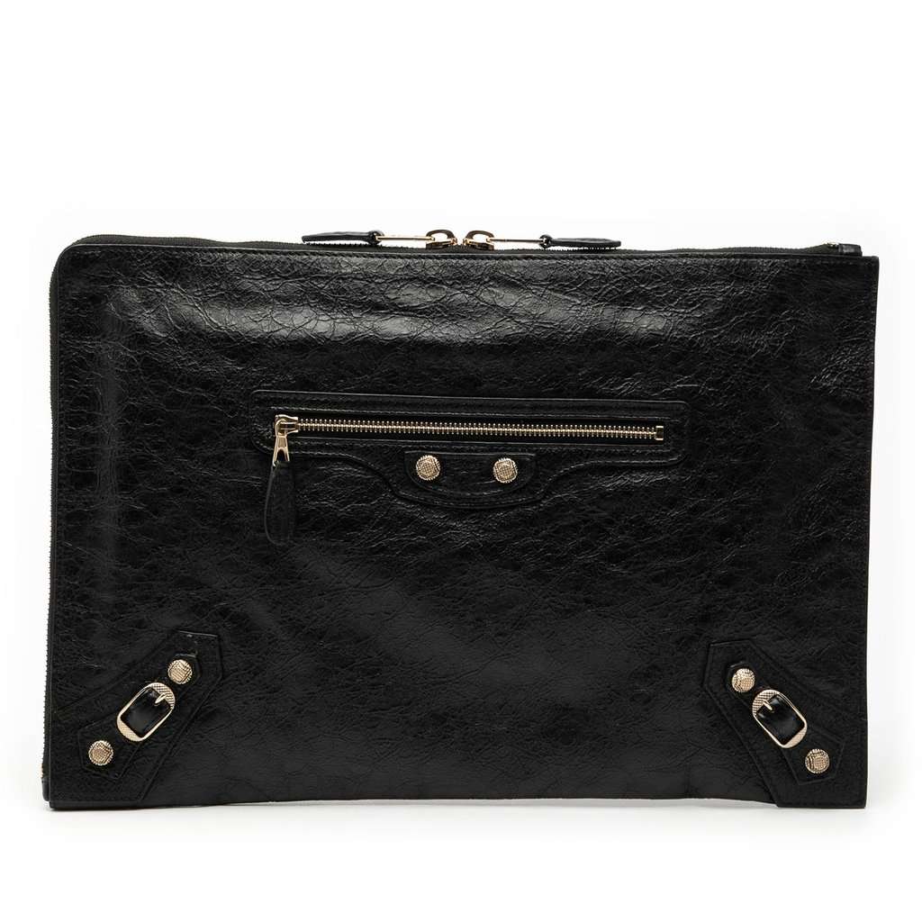 Balenciaga Lambskin Motocross Giant 12 Zip Around Flat Clutch Black Leather Very good condition - Front View