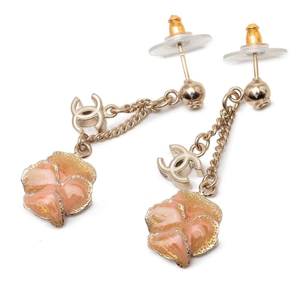 Chanel Gold Plated Enamel CC and Flower Drop Push Back Earrings Gold Metal Very good condition - Back View