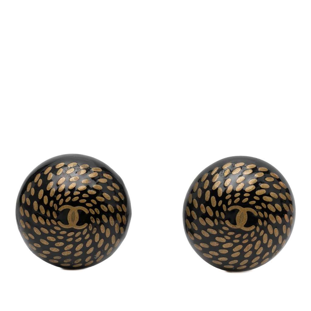 Chanel CC Resin and Gold Plated Button Clip On Earrings Black Plastic Very good - Front View