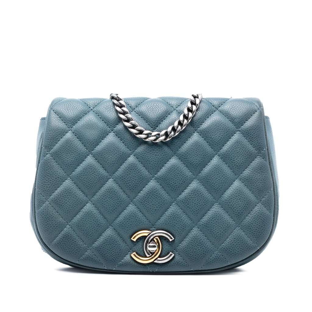 Chanel Small Quilted Caviar Casual Pocket Flap Blue Leather Very good - Front View