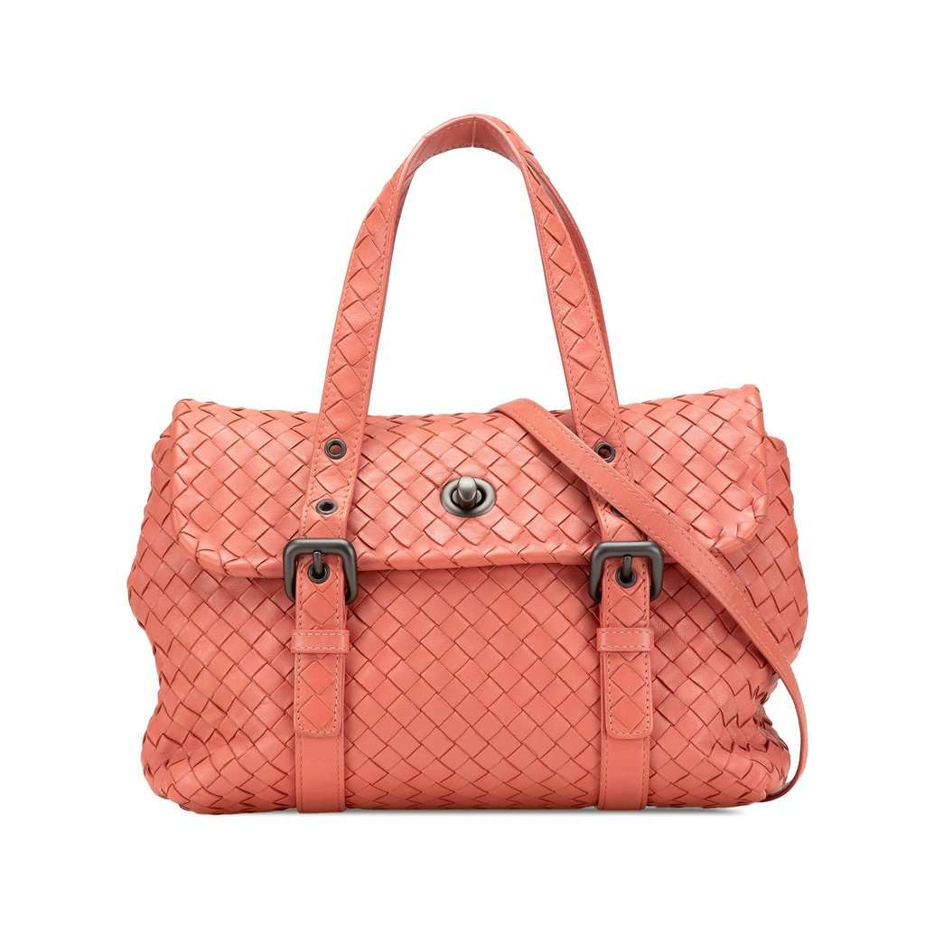 Bottega Veneta Leather Intrecciato Flap Satchel Orange Leather Very good - Front View