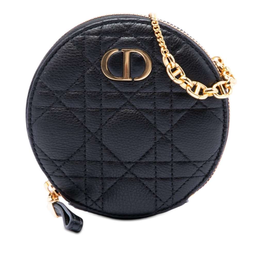 Dior Calfskin Cannage Round Caro Pouch with Chain Black Leather Very good - Front View