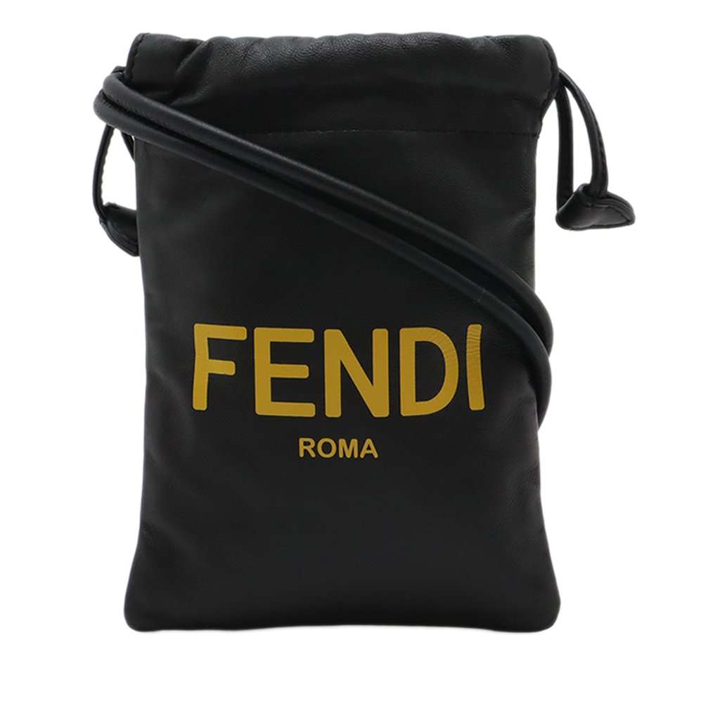 Fendi Nappa Logo Neck Phone Pouch Black Leather Very good - Front View