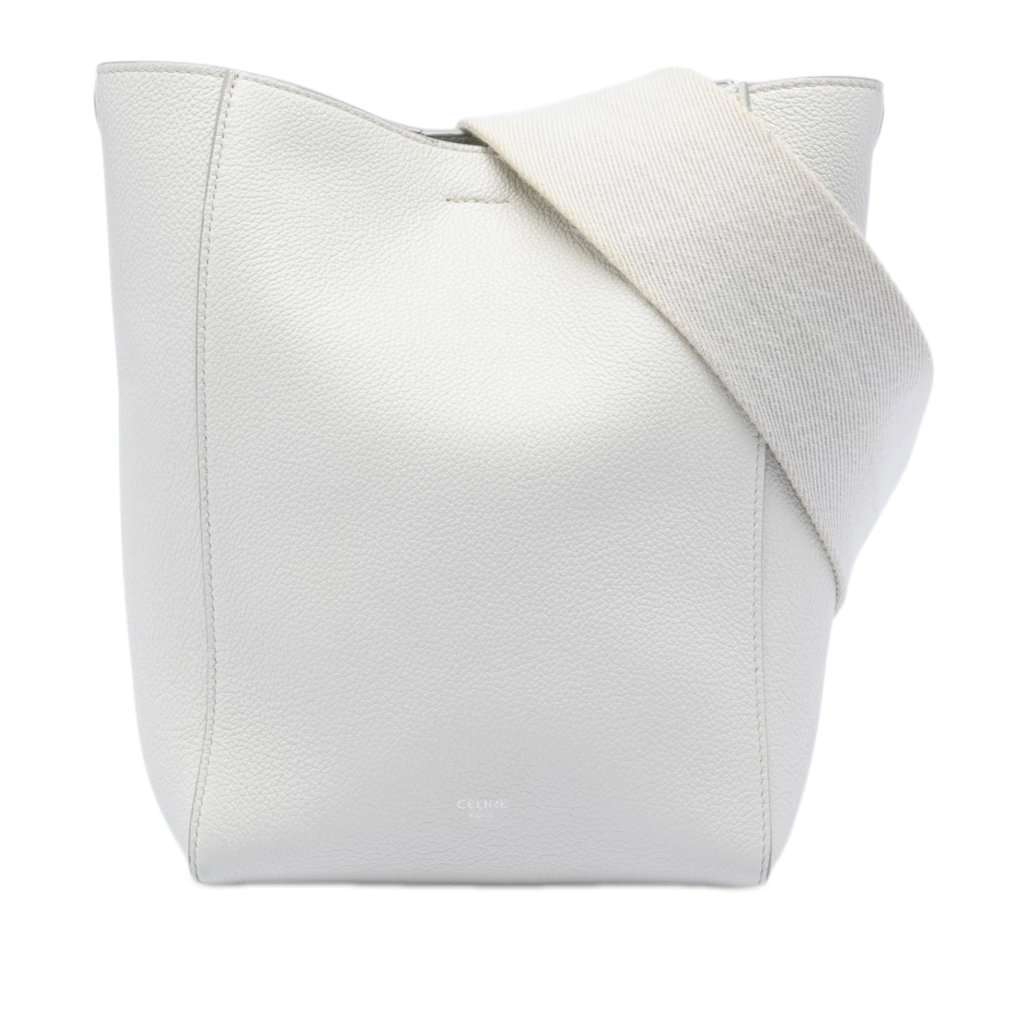Celine Small Soft Grained Calfskin Seau Sangle Bucket Bag White Leather Very good condition - Front View