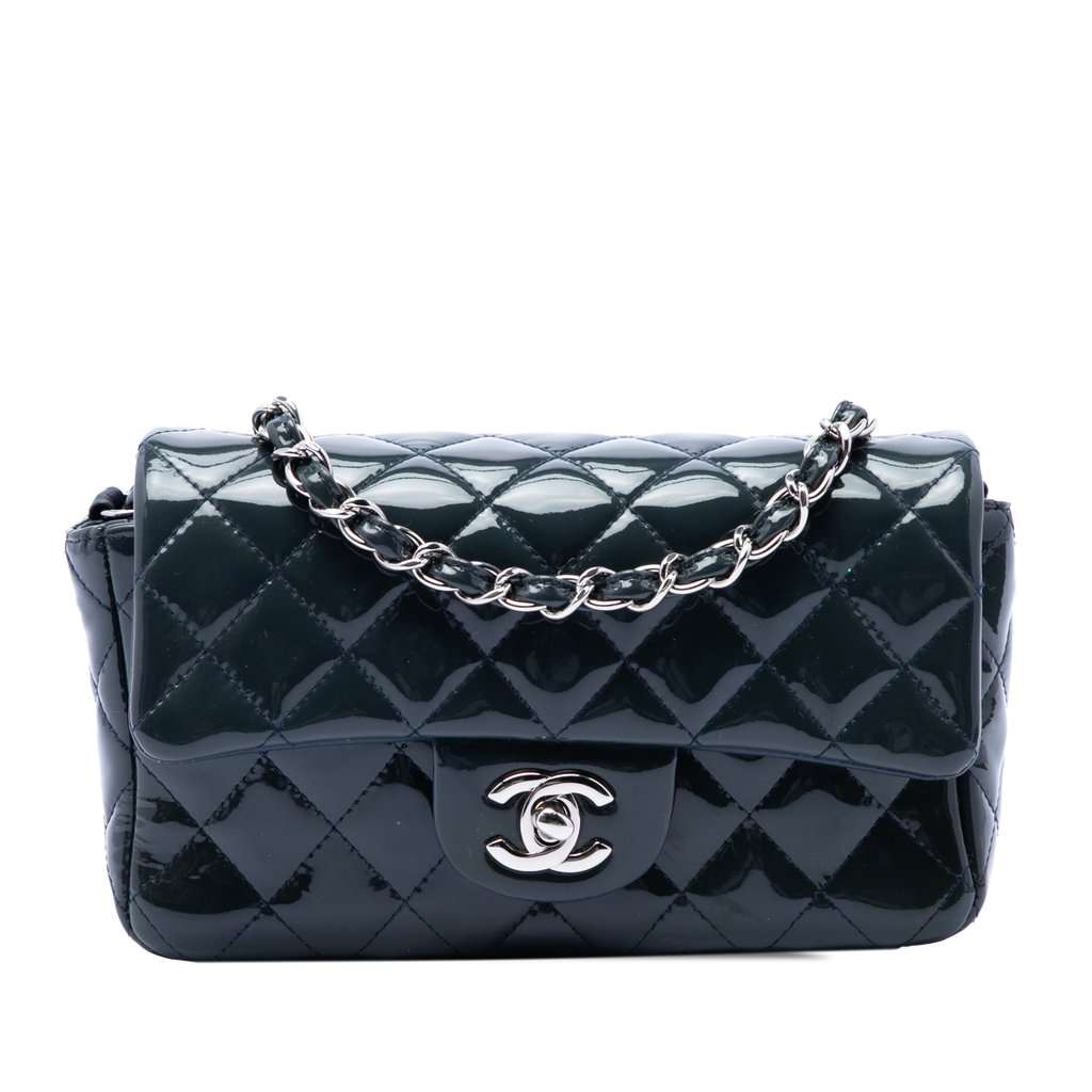 Chanel Mini Rectangular Classic Patent Single Flap Blue Leather Very good - Front View