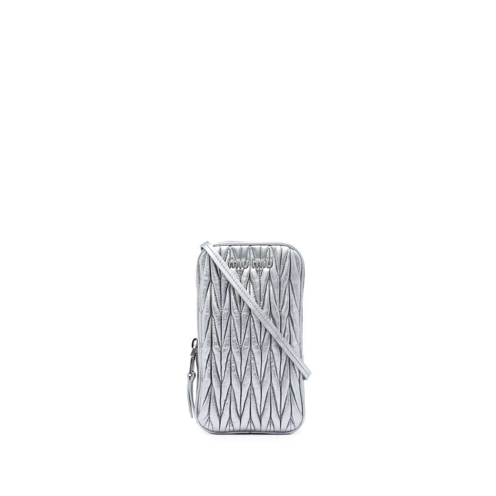 Miu Miu Matelasse Metallic Nappa Phone Holder Crossbody Silver Leather Very good condition - Front View