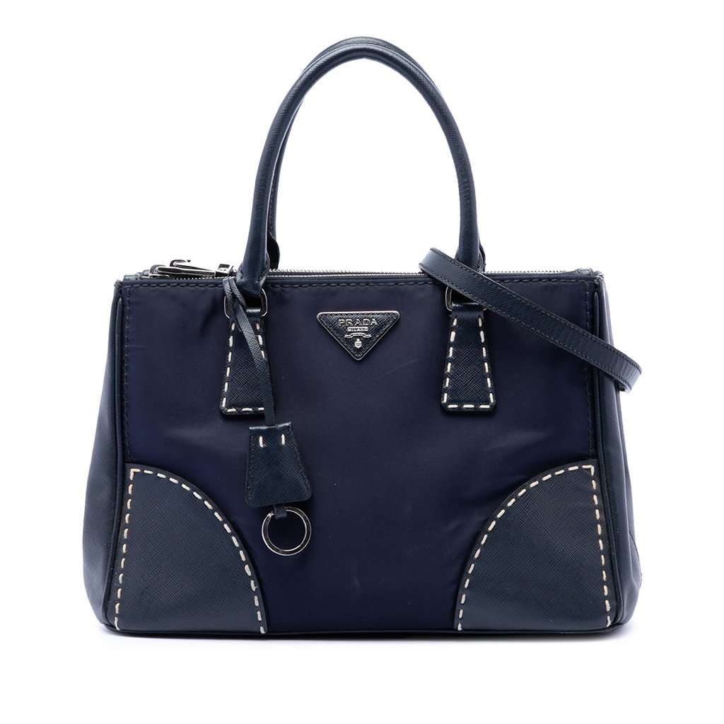 Prada Small Tessuto and City Calf Hand Stitched Galleria Double Zip Satchel Blue Very good condition - Front View