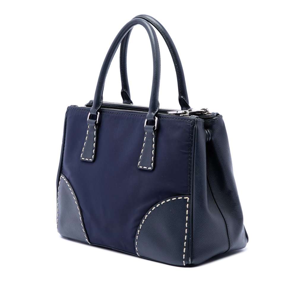Prada Small Tessuto and City Calf Hand Stitched Galleria Double Zip Satchel Blue Very good condition - Back View