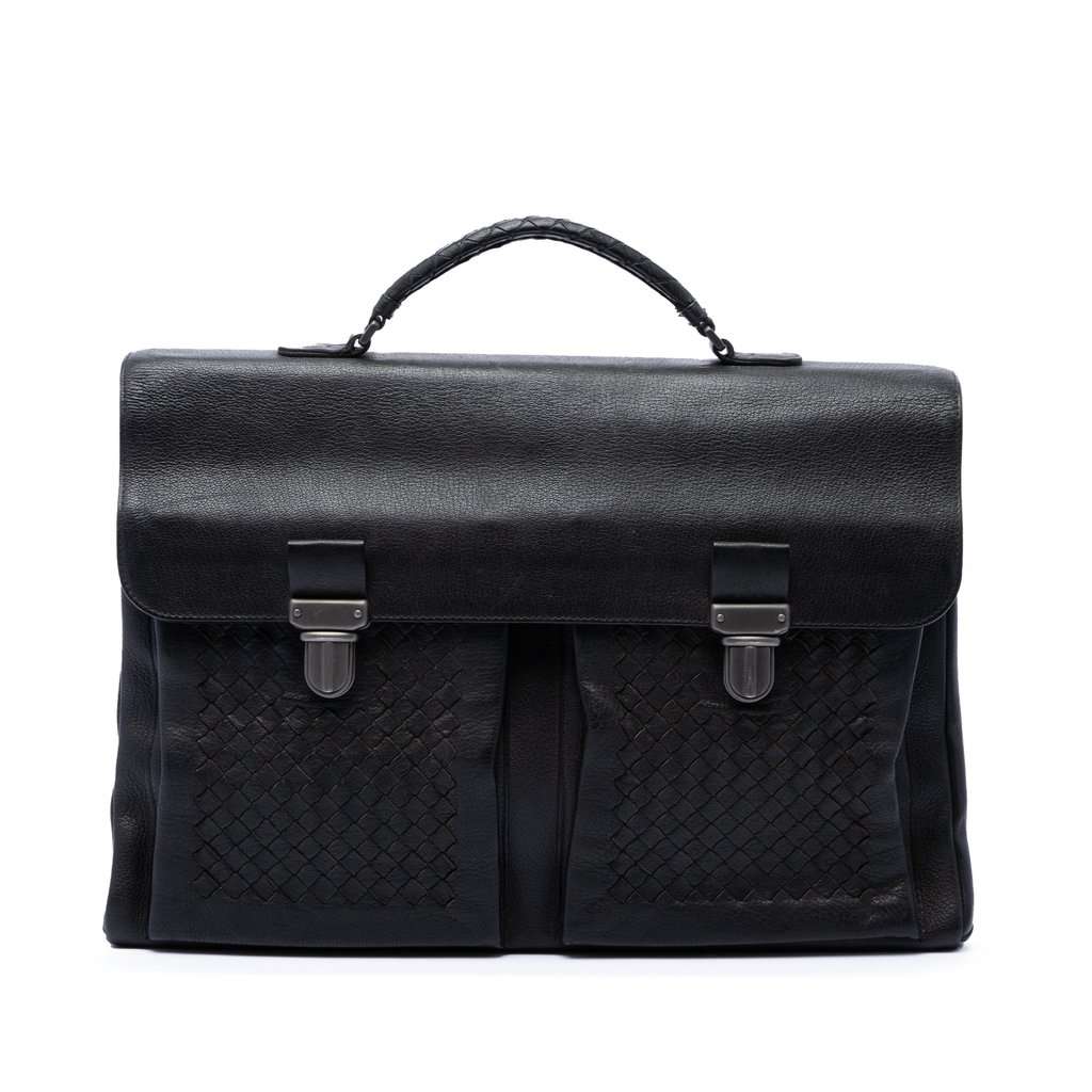 Bottega Veneta Intrecciato Trimmed Nappa Business Bag Black Leather Very good - Front View
