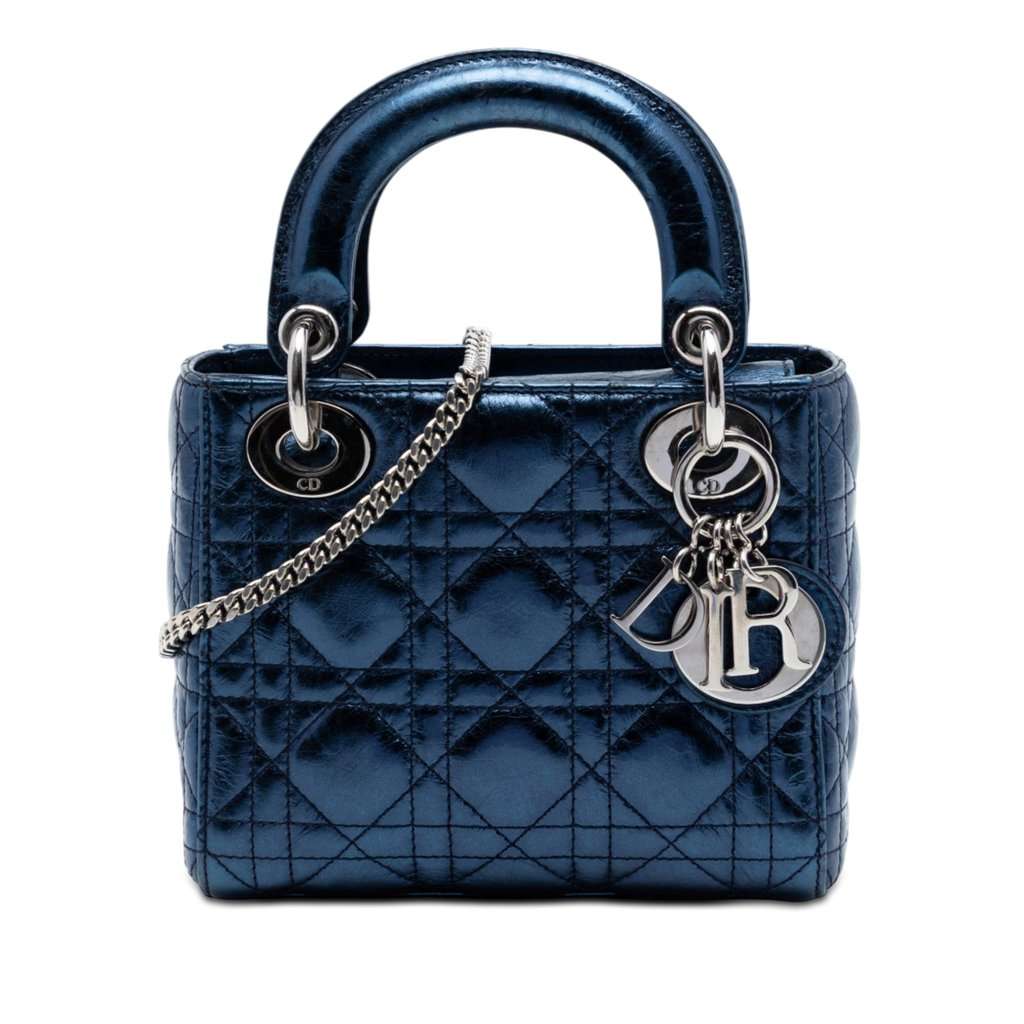 Dior Mini Metallic Calfskin Cannage Lady Dior Blue Leather Very good condition - Front View