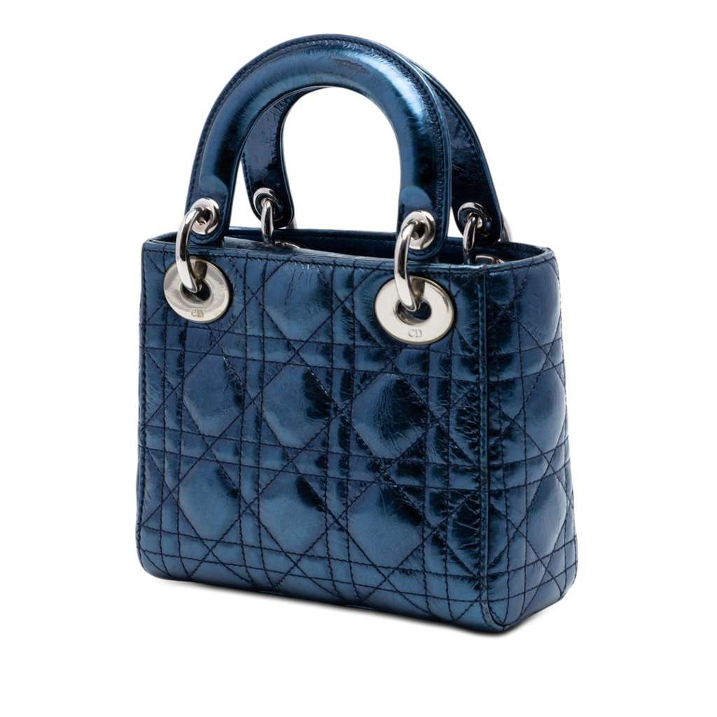 Dior Mini Metallic Calfskin Cannage Lady Dior Blue Leather Very good condition - Back View