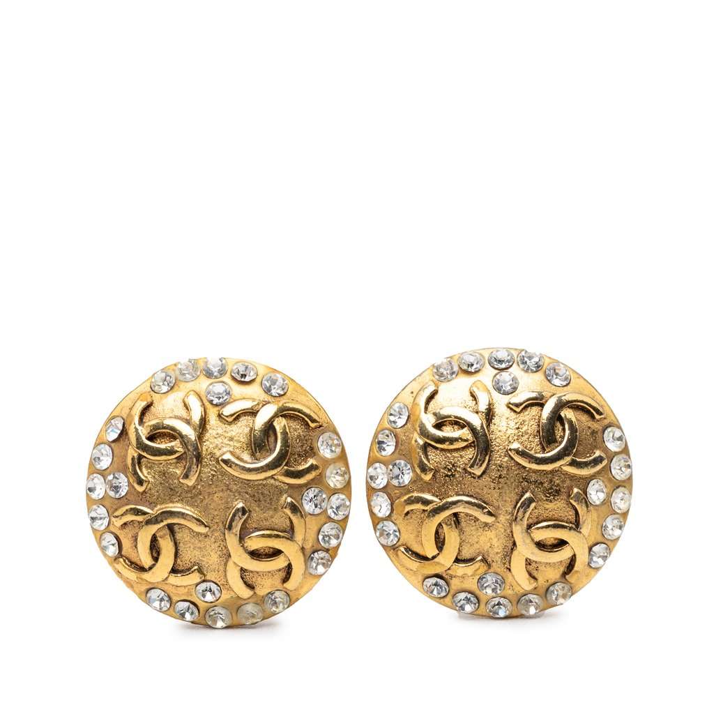 Chanel CC Gold Plated Strass Round Clip On Earrings Gold Metal Very good condition - Front View