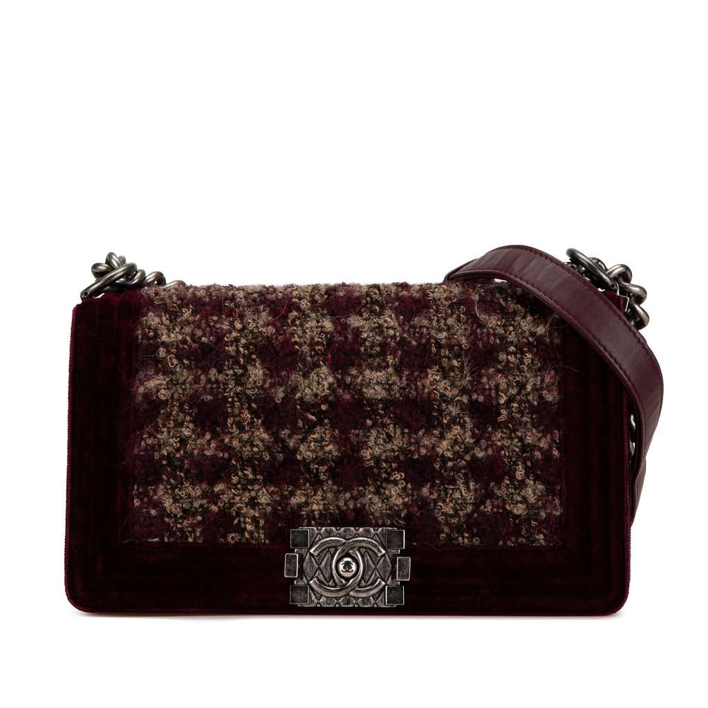Chanel Old Medium Velvet and Tweed Boy Flap Red Very good - Front View