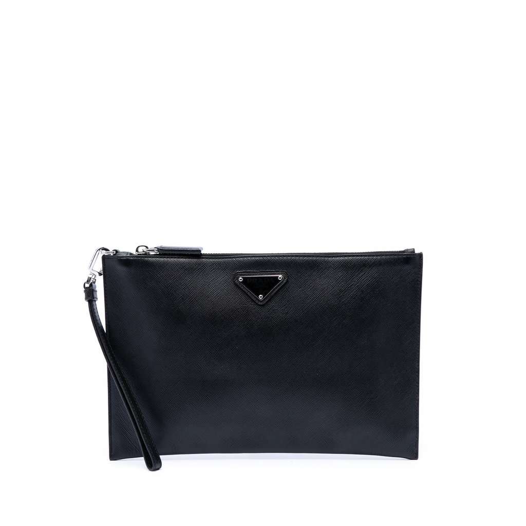Prada Saffiano Wristlet Clutch Black Leather Very good - Front View