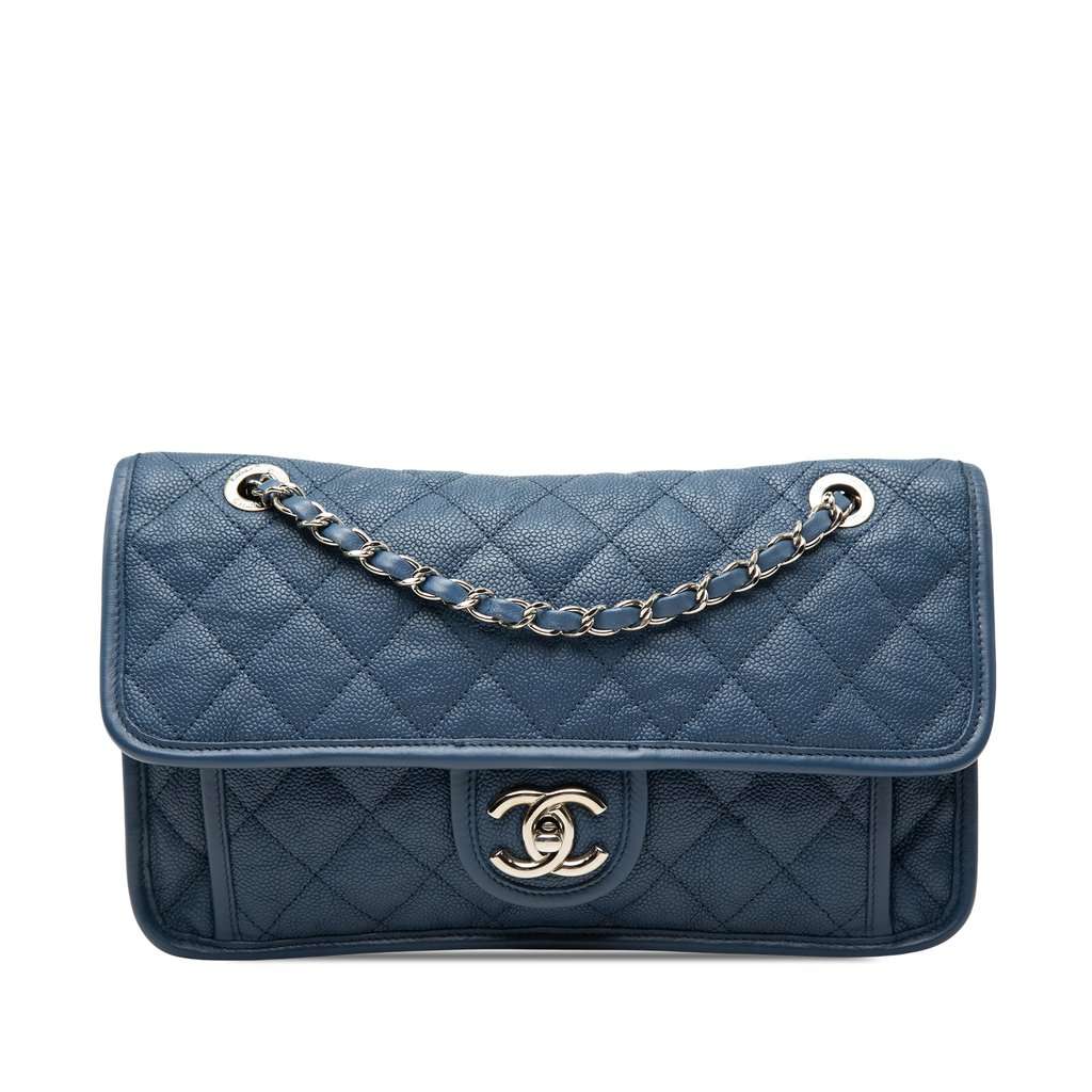 Chanel Medium Caviar French Riviera Flap Blue Leather Very good - Front View