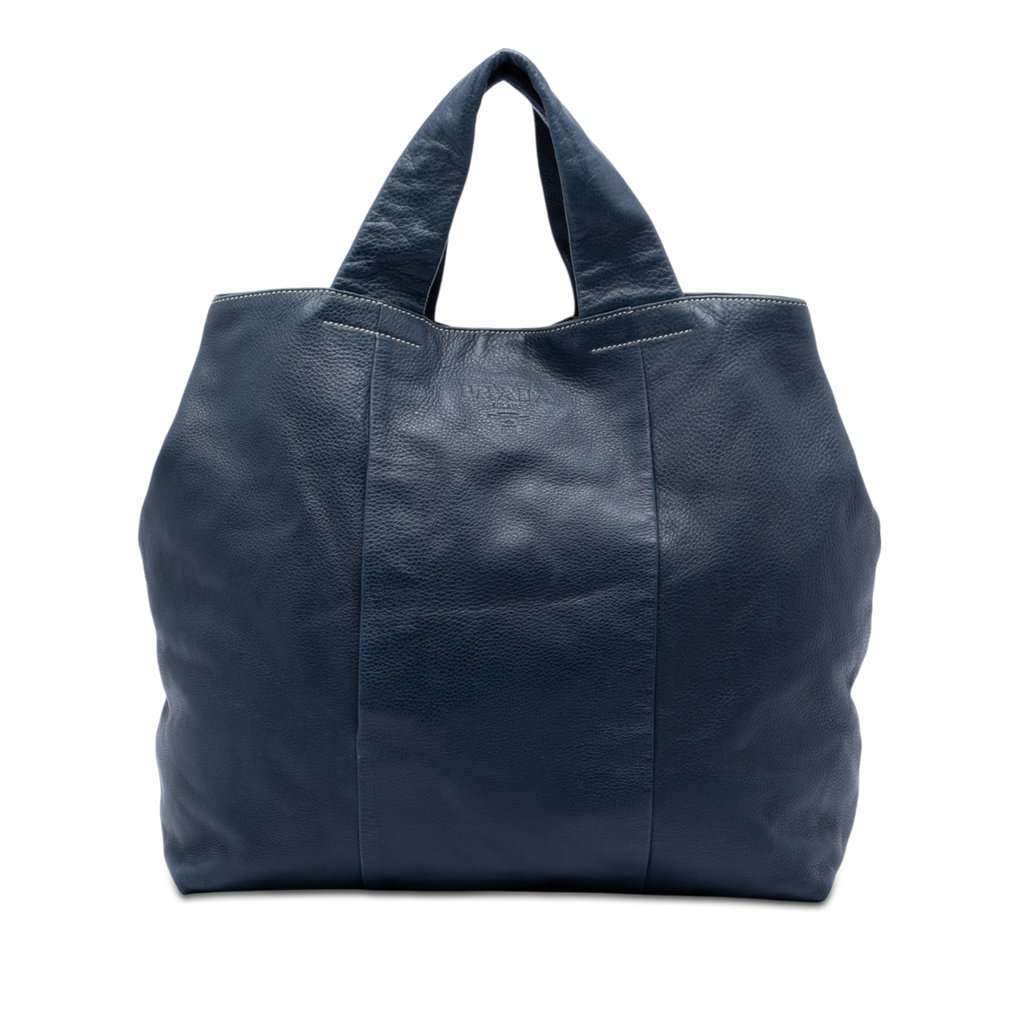 Prada Vitello Daino Shopper Tote Blue Leather Very good condition - Front View