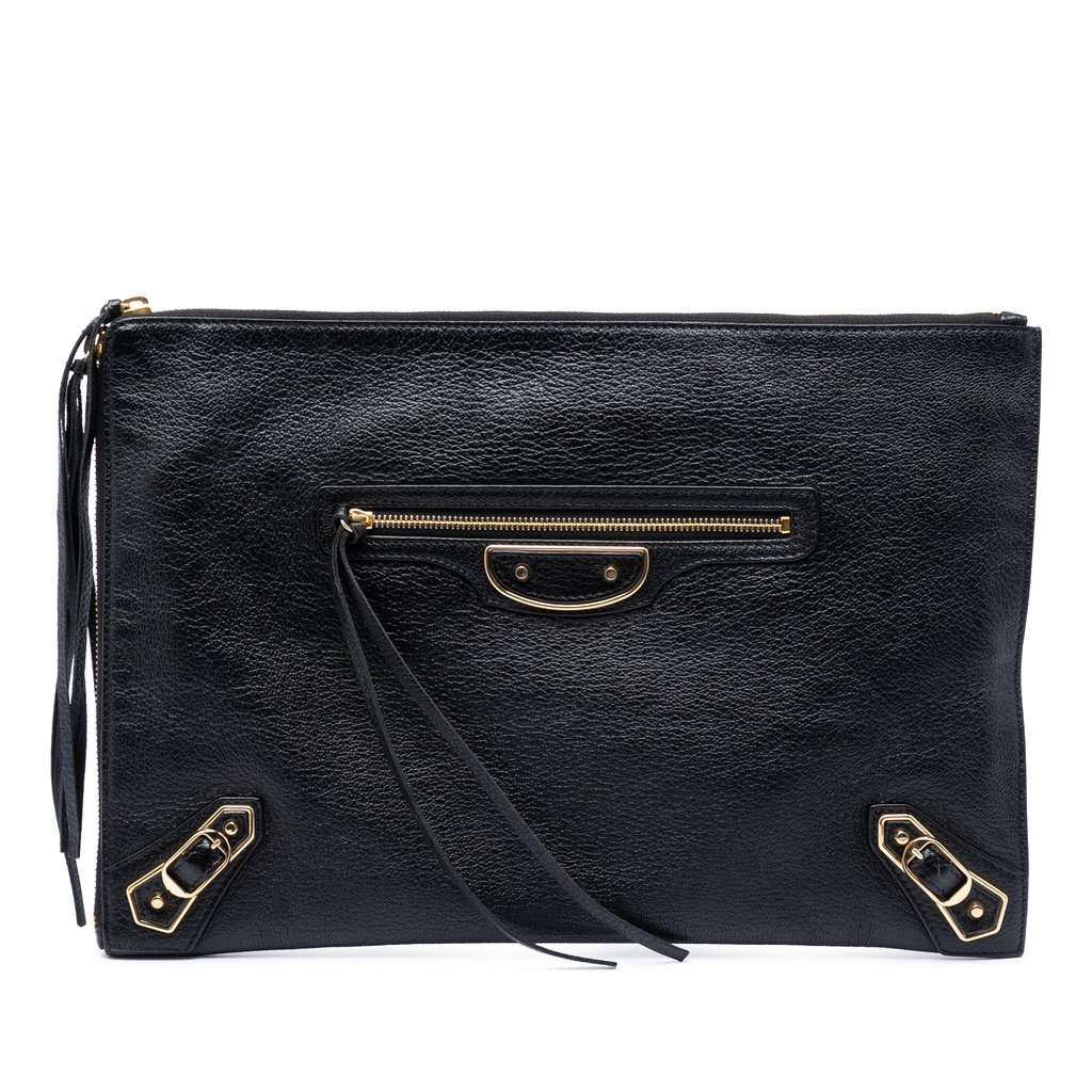 Balenciaga Goatskin Motocross Classic Metallic Edge Clutch Black Leather Very good condition - Front View