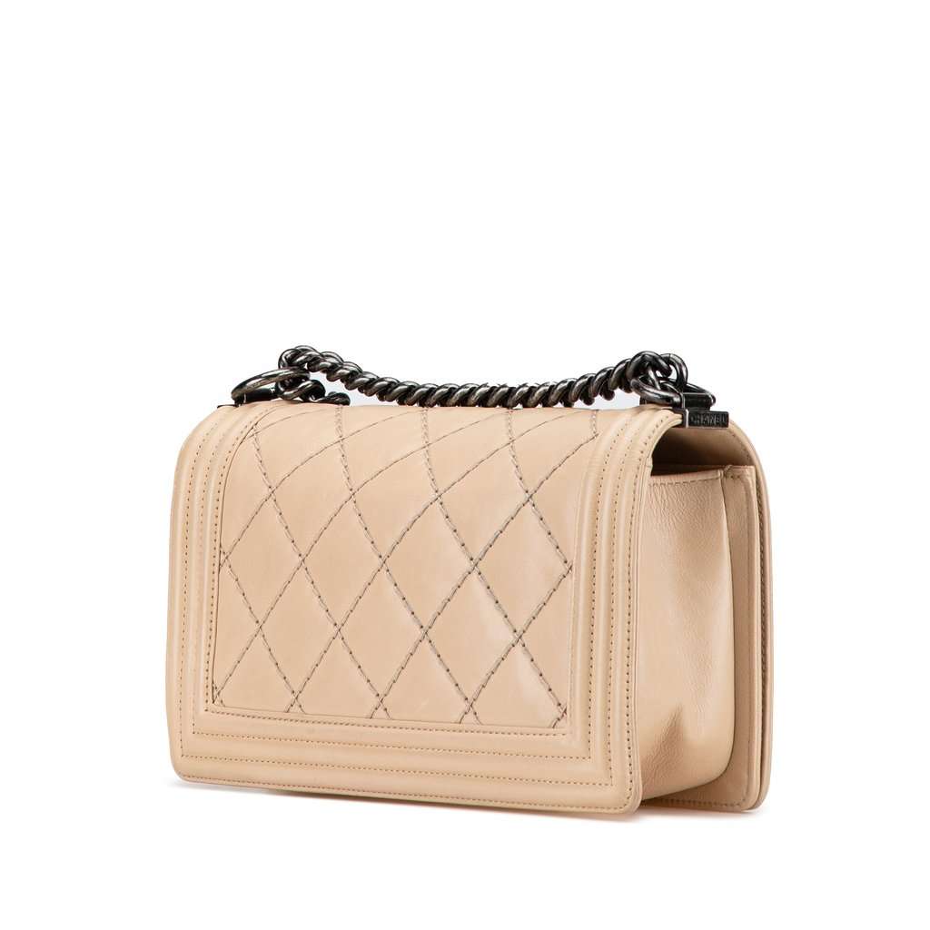 Chanel Old Medium Aged Calfskin Double Stitch Boy Flap Beige Leather Very good - Back View