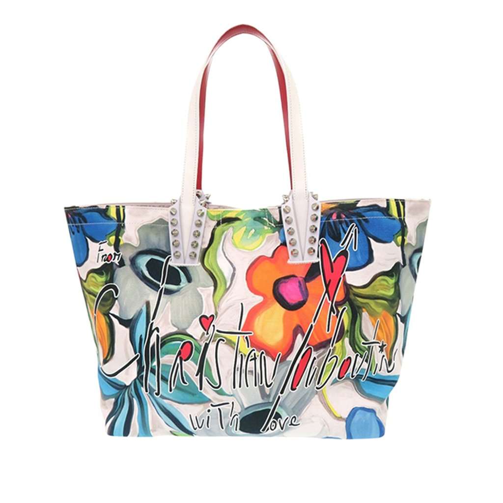 Christian Louboutin Small Floral Printed Canvas Cabata Tote White Very good - Front View