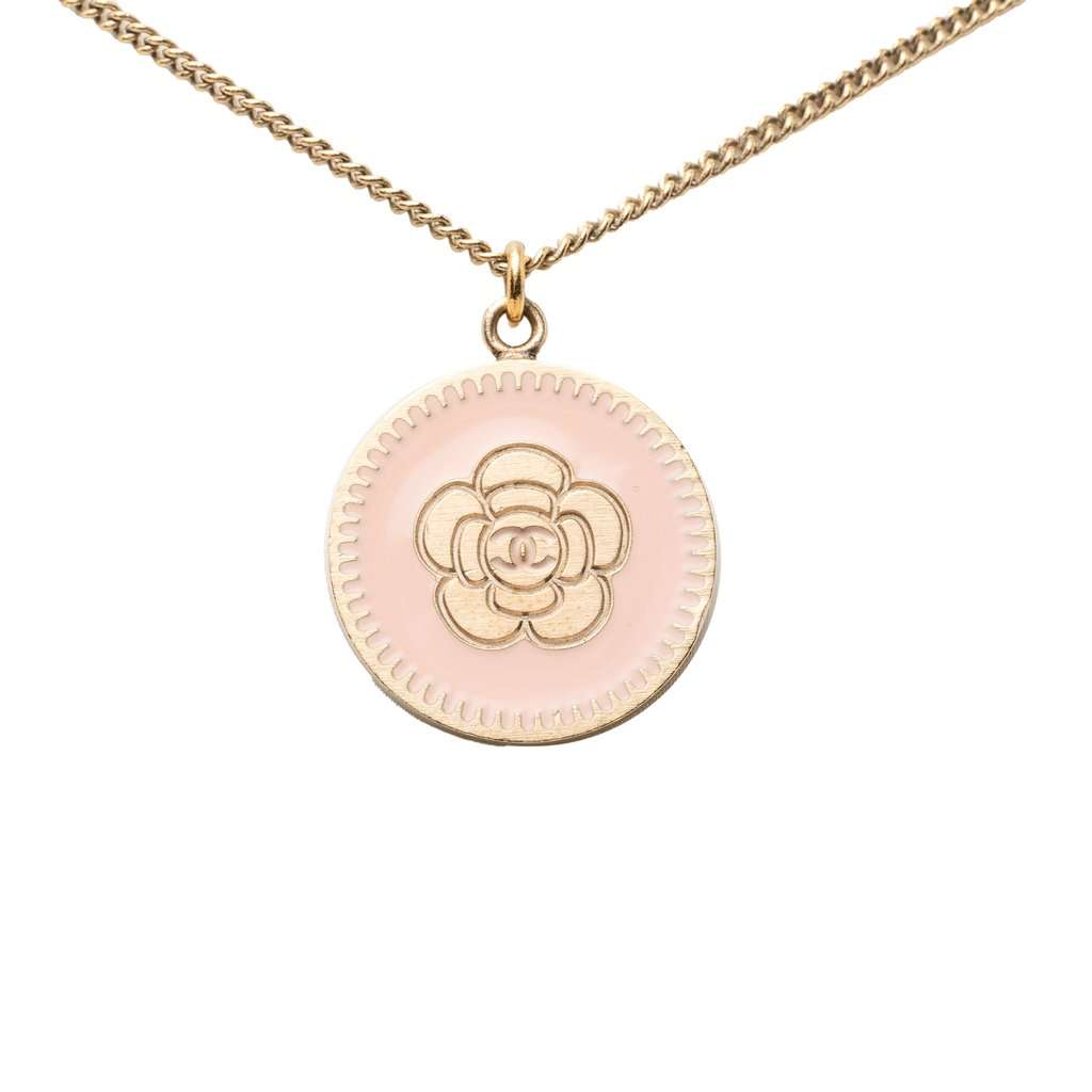 Chanel CC Gold Plated Enamel Camellia Round Pendant Necklace Gold Metal Very good condition - Front View