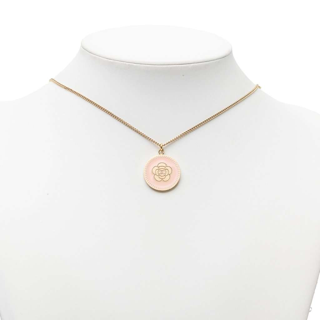 Chanel CC Gold Plated Enamel Camellia Round Pendant Necklace Gold Metal Very good condition - Box View