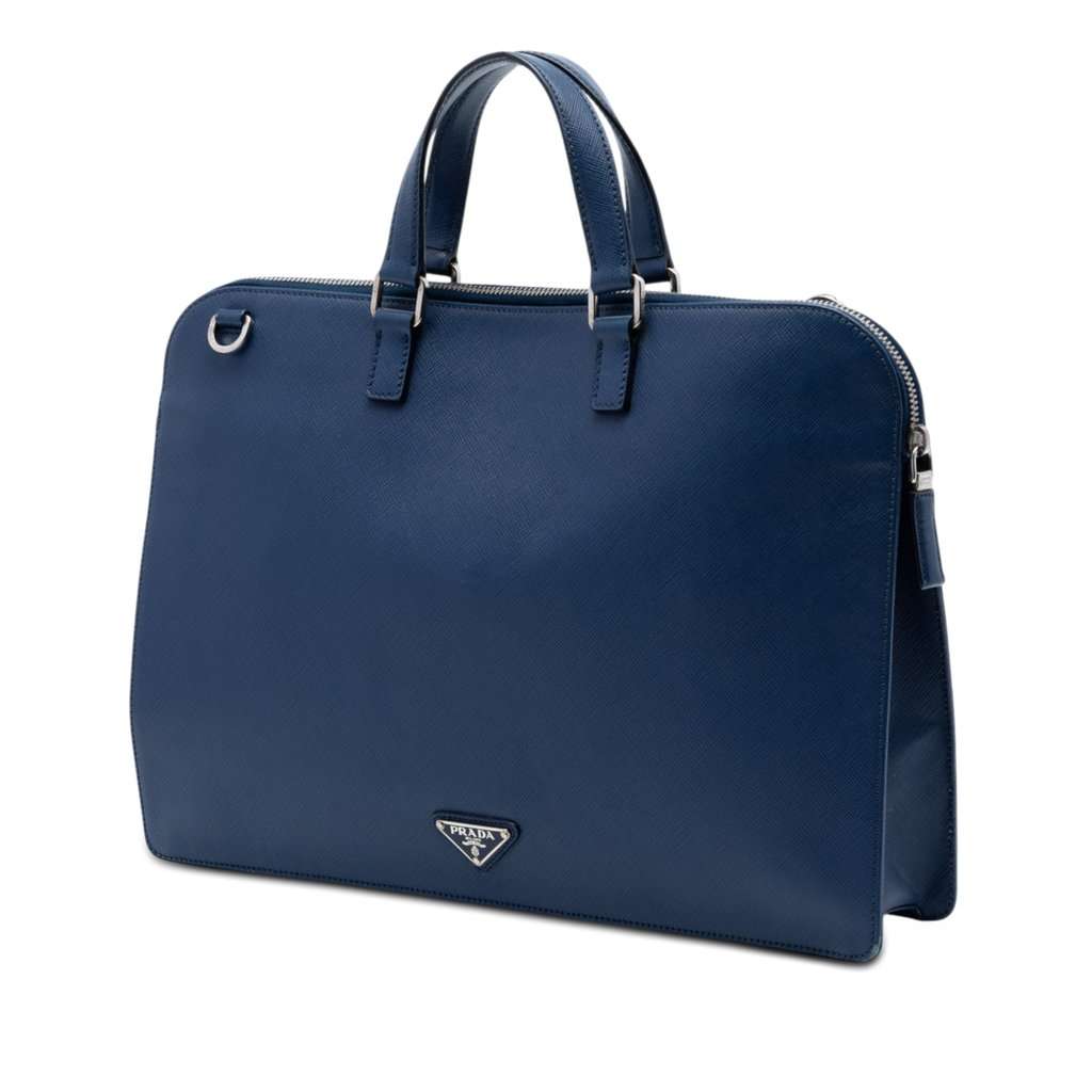 Prada Saffiano Cuir Travel Front Zip Pocket Briefcase Blue Leather Very good condition - Back View