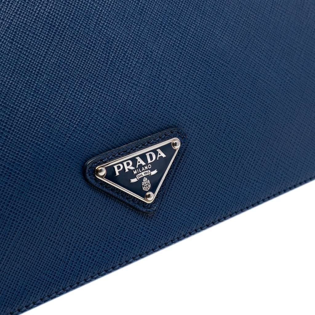 Prada Saffiano Cuir Travel Front Zip Pocket Briefcase Blue Leather Very good condition - Box View