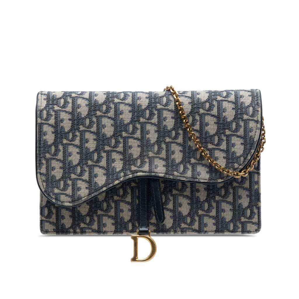 Dior Oblique Canvas Saddle Pouch Wallet on Chain Blue Very good condition - Front View