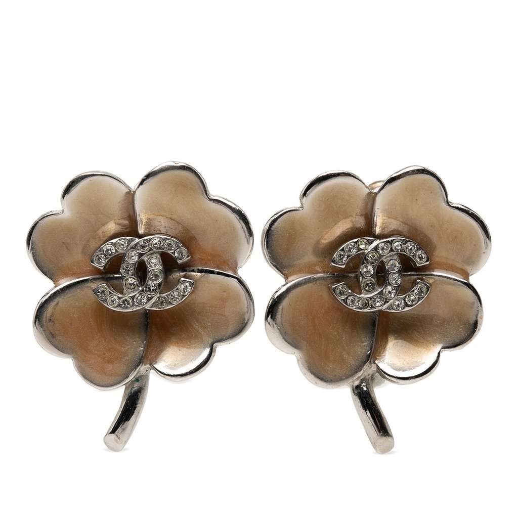 Chanel CC Brass Enamel and Strass Clover Clip On Earrings Silver Metal Very good condition - Front View