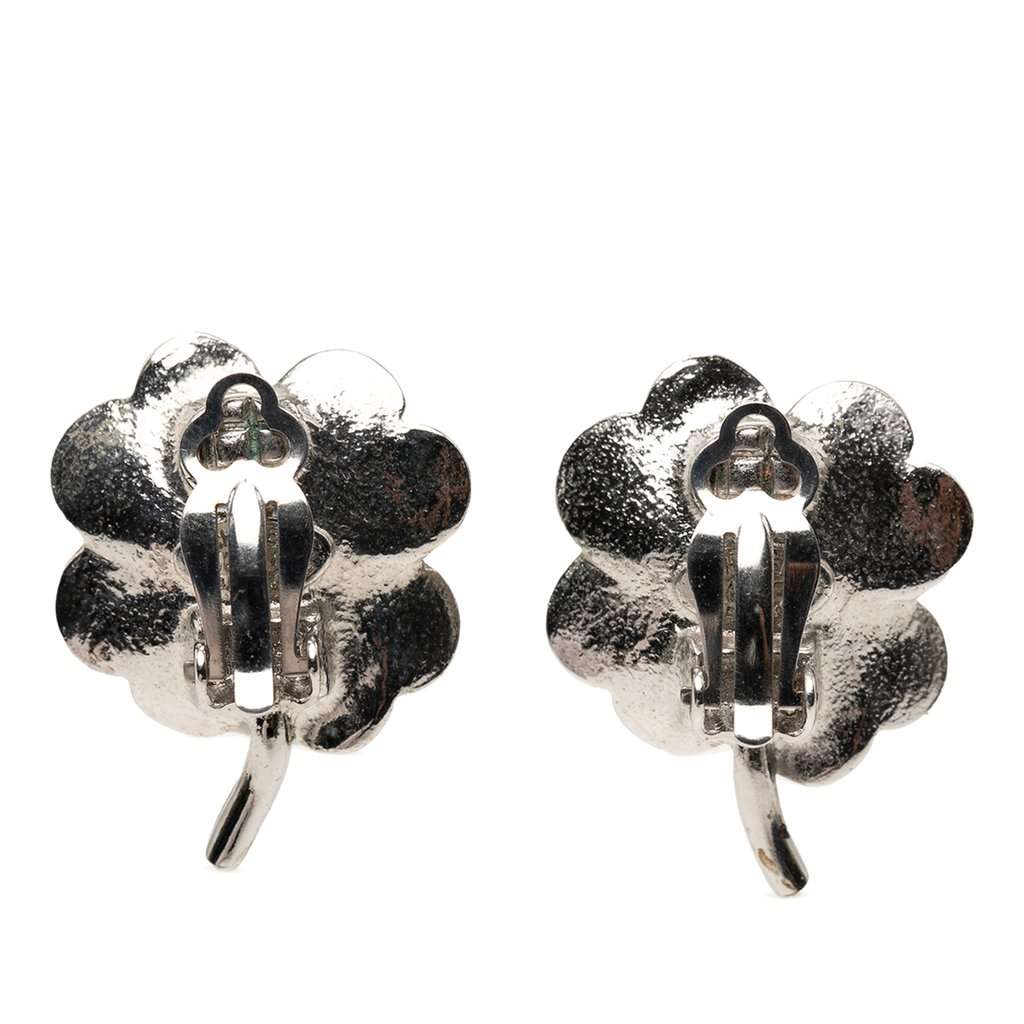 Chanel CC Brass Enamel and Strass Clover Clip On Earrings Silver Metal Very good condition - Back View
