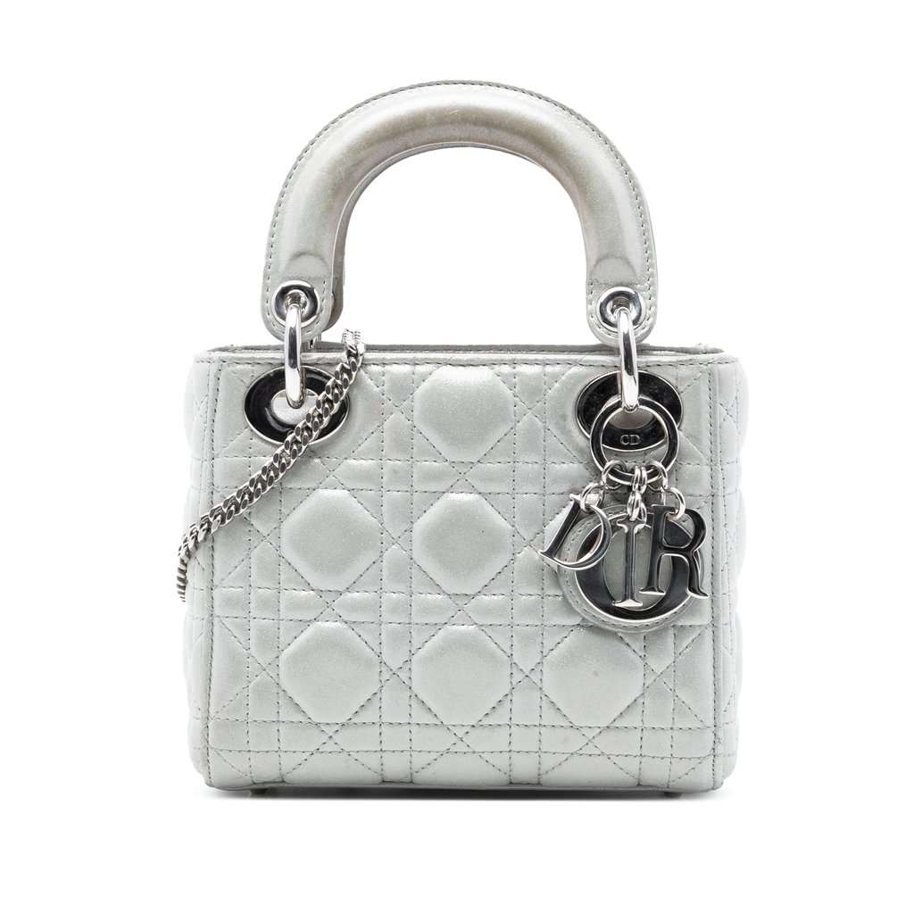 Dior Mini Iridescent Lambskin Cannage Lady Dior Silver Leather Very good condition - Front View