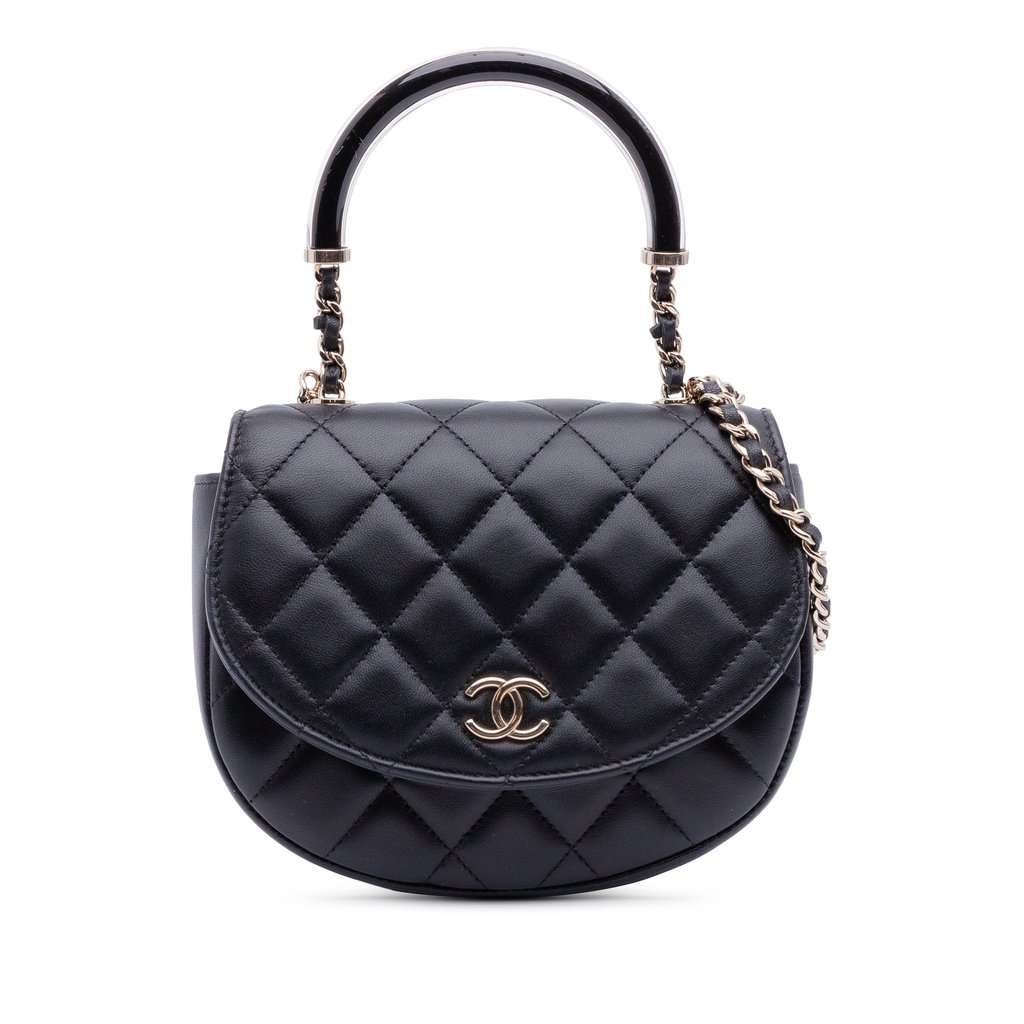 Chanel CC Quilted Lambskin Half Moon Top Handle Flap Black Leather Very good condition - Front View